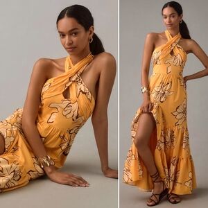 Anthropologie, Hutch Floral Twisted Halter Maxi Dress In Yellow/Gold